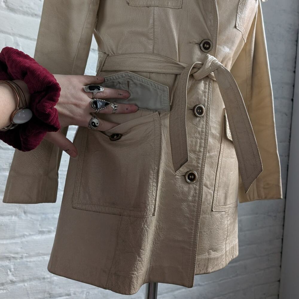 70s Vintage White Genuine Leather Trench Coat Minimalist Boho Moto Biker Jacket - Picture 5 of 8